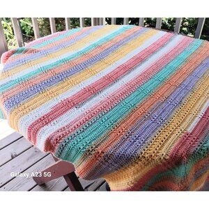 Handmade Crochet Pastel Striped Blanket Throw 60" X 50" Soft Cotton Blend Lightw